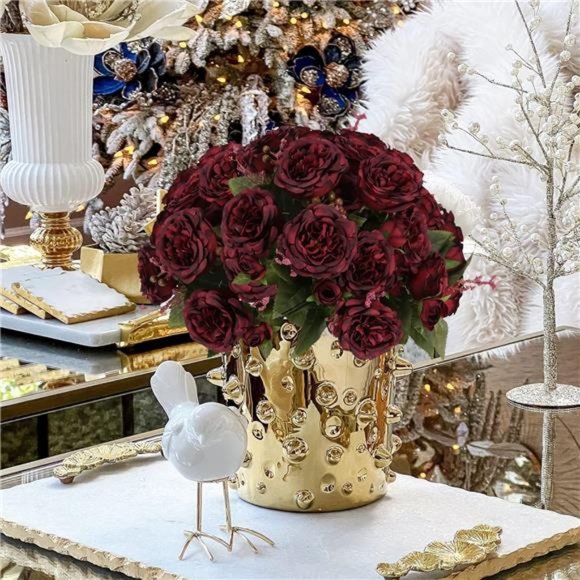 Artificial Peonies Silk Flowers, Burgundy Faux Peony Bouquet 4 Bundles Florals - Picture 6 of 6